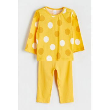 Pijama din bumbac cu model cu buline - Alb/Galben sofran