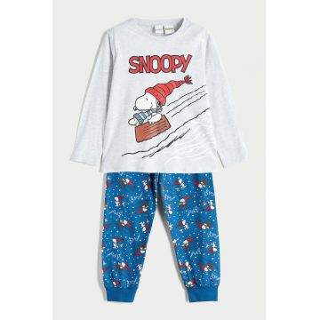 Pijama din bumbac cu model cu Snoopy - Gri deschis/Albastru