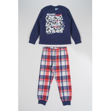 Pijama din bumbac cu model in carouri si imprimeu cu Mickey Mouse - Rosu/Alb/Bleumarin