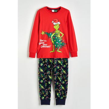Pijama din bumbac cu pantaloni lungi si imprimeu Grinch - Rosu/Verde/Bleumarin