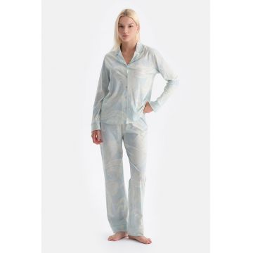 Pijama din bumbac si modal cu model - Albastru azur/Alb murdar