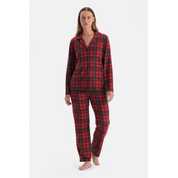 Pijama in carouri cu decolteu in V - Rosu inchis