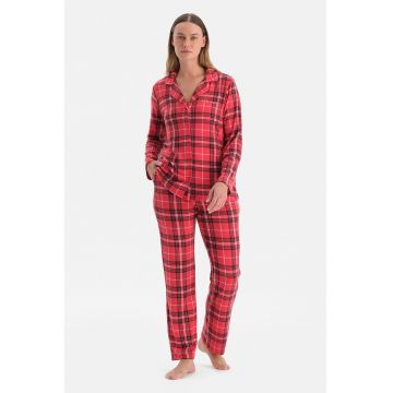 Pijama in carouri cu talie inalta - Rosu