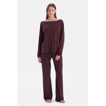 Pijama lejera din amestec de modal cu decolteu barcuta - Violet tyrian