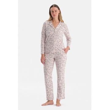Pijama lunga cu animal print - Gri deschis/Roz pal