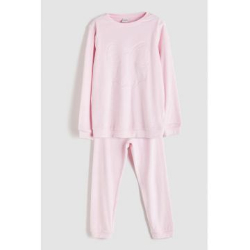 Pijama lunga cu funda in relief - Roz pastel