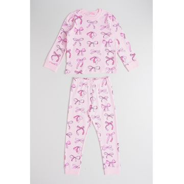 Pijama lunga cu imprimeu cu funda - Roz pastel