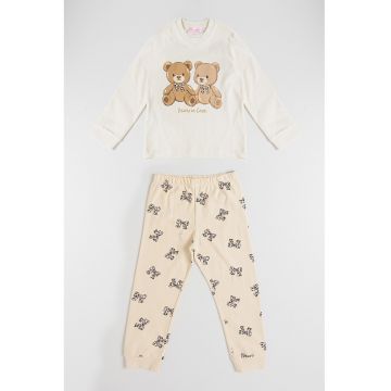 Pijama lunga cu model - Alb fildes/Negru/Maro deschis