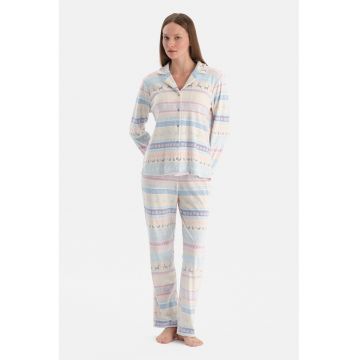 Pijama lunga cu model de Craciun - Alb murdar/Albastru deschis