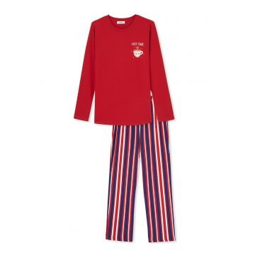 Pijama lunga cu model in dungi - Rosu/Alb