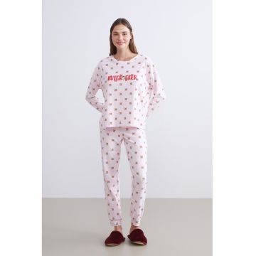 Pijama lunga cu model - Rosu/Alb