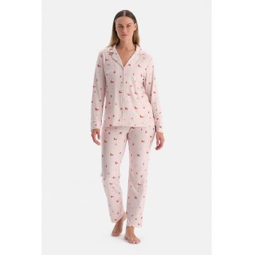 Pijama lunga cu model si talie inalta - Roz pal