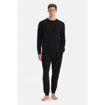 Pijama lunga cu snur de ajustare in talie - Negru stins