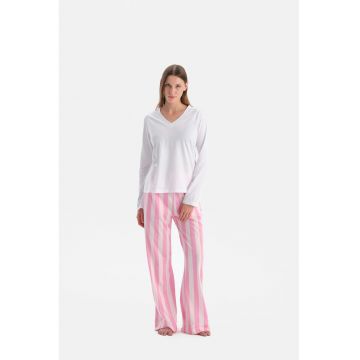Pijama lunga din bumbac cu decolteu in V si model in dungi - Alb/Roz