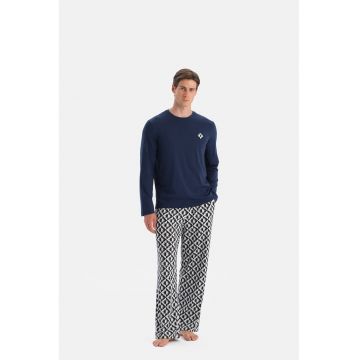 Pijama lunga din bumbac cu imprimeu grafic - Alb/Bleumarin
