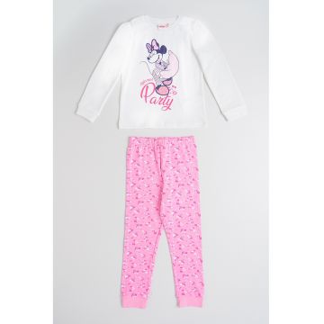 Pijama lunga din bumbac cu Minnie Mouse si imprimeu floral - Alb/Roz/Negru