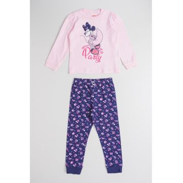 Pijama lunga din bumbac cu Minnie Mouse si imprimeu floral - Fucsia/Albastru ultramarin/Roz pastel