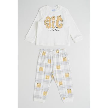 Pijama lunga din bumbac cu model - Alb/Gri cenusiu/Bej inchis