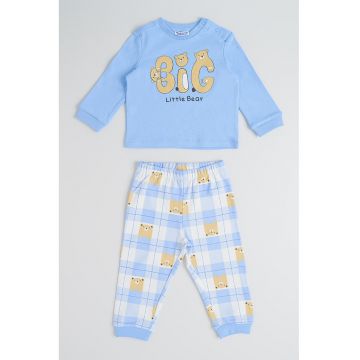 Pijama lunga din bumbac cu model - Albastru pastel/Bej deschis