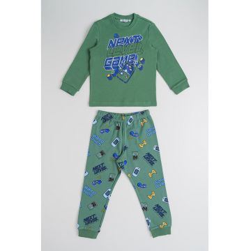 Pijama lunga din bumbac cu model grafic - Albastru inchis/Galben sofran/Verde aquamarin
