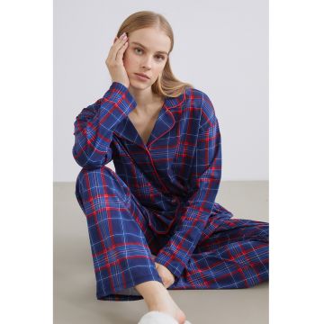 Pijama lunga din bumbac cu model in carouri - Rosu/Albastru