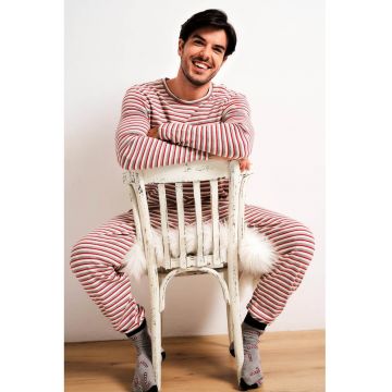 Pijama lunga din bumbac cu model in dungi - Rosu/Gri/Alb murdar