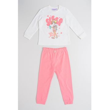 Pijama lunga din bumbac cu talie elastica - Roz pastel/Alb murdar