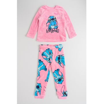 Pijama lunga din material teddy cu model cu Stitch - Alb/Roz pal/Albastru deschis