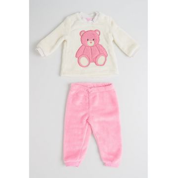 Pijama lunga din material teddy - Roz pastel/Bej deschis