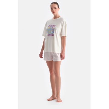 Pijama scurta din amestec de modal cu snur de ajustare in talie - Alb fildes/Roz