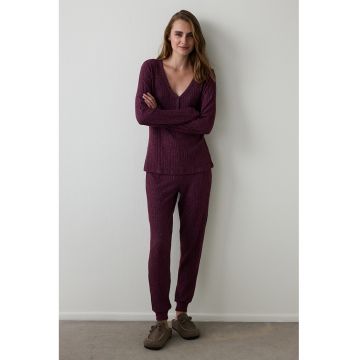 Pijama striata cu decolteu in V - Violet tyrian