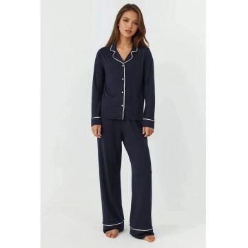 Pijamale dama -  maneca lunga - croiala relaxata - albastru marin - jerseu
