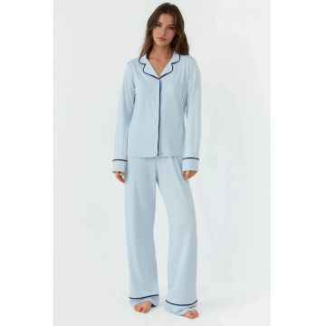 Pijamale dama -  maneca lunga - guler tip camasa - croiala relaxata - albastru - jerseu