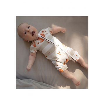 Pijamale scurte din bambus cu fermoar reversibil -  - Shortie Fox Cub - Alb cu model Vulpe - pentru fetite si baietei - Alb/Portocaliu