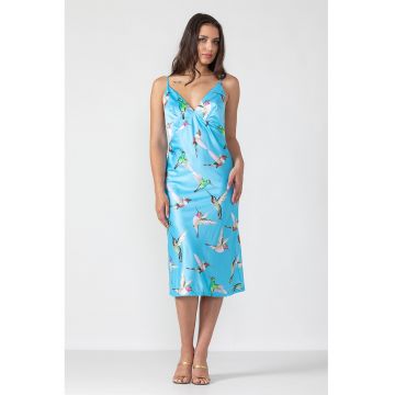 Rochie-Furou  din satin de matase - Model Ivy Birds of Paradise - Culoare Albastru cu Imprimeu Pasari - Verde/Albastru aquamarin/Roz