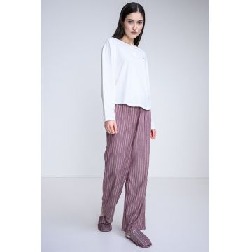 Set de pijama cu pantaloni lungi - croiala lejera si papuci - Visiniu/Alb murdar