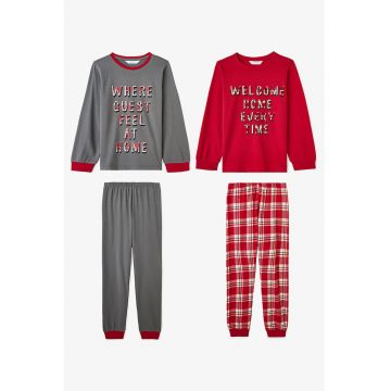 Set de pijama cu pantaloni lungi si imprimeu text - 2 perechi - Rosu/Gri inchis