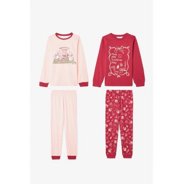 Set de pijama din bumbac cu model - 2 piese - Rosu/Roz pal