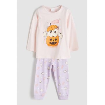 Set de pijamale de bumbac cu maneci lungi - 2 piese - Portocaliu/Lila/Roz pal