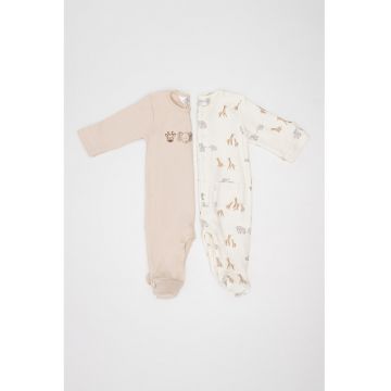 Set de salopete cu botosei si model - 2 piese - Alb fildes/Gri deschis/Maro camel