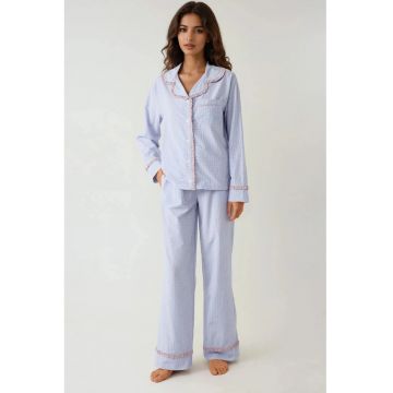 Set pijamale lungi pentru dama  bumbac/poliester - guler camasa - model in carouri - albastru