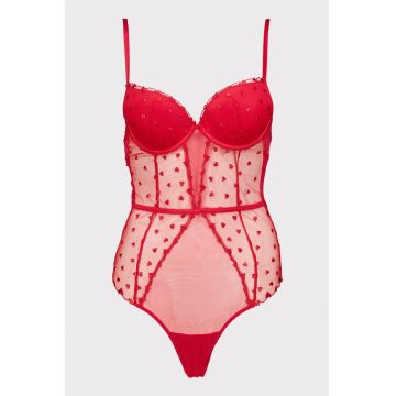 Body din plasa cu model cu inimi Claire - Rosu