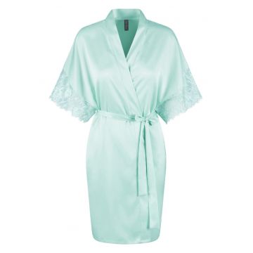 Halat cu aspect de satin si insertii de dantela - Albastru