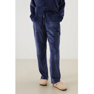 Pantaloni de pijama din catifea cu snur in talie - Bleumarin