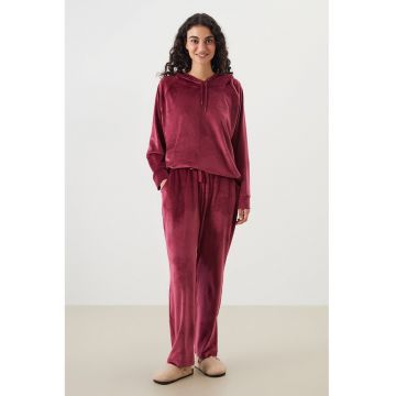 Pantaloni de pijama din catifea cu snur in talie - Rosu stins