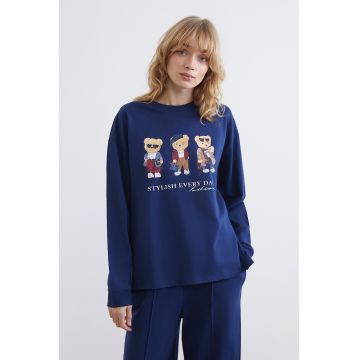 Pijama cu pantaloni lungi din bumbac - Albastru inchis/Bej deschis