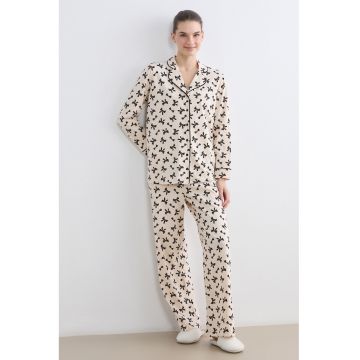 Pijama cu pantaloni lungi si imprimeu grafic - Alb fildes/Negru