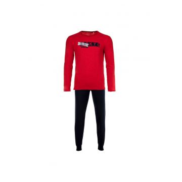 Pijama cu pantaloni lungi si imprimeu text - Rosu/Albastru