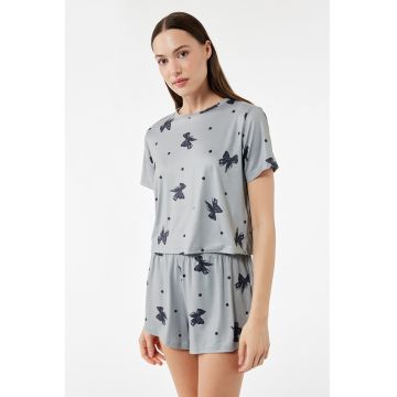 Pijama cu pantaloni scurti cu model - Gri inchis