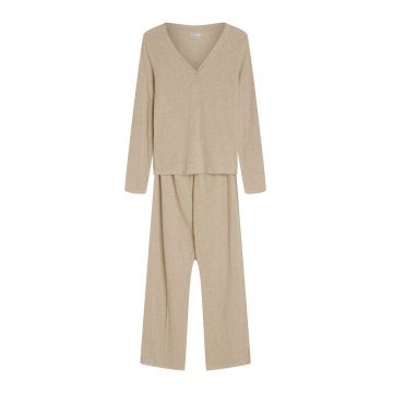 Pijama dama din doua piese - cu maneca lunga - bej nisip - Cori  Uni